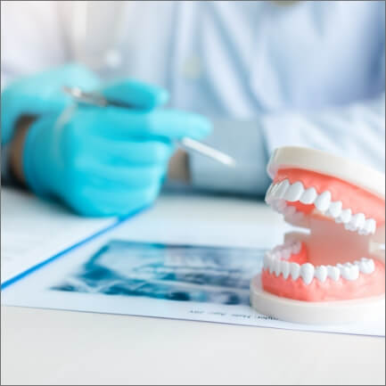 Dentist pointing to model smile with dentures